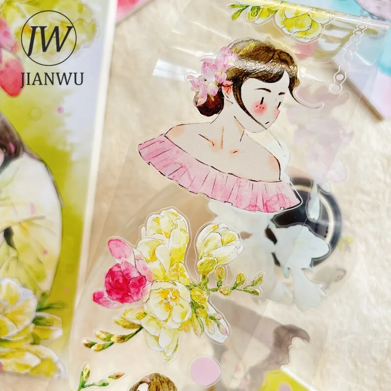 JIANWU 귀여운 소녀 꽃 캐릭터 풍경 소재 콜라주 스크랩북 PET 테이프 크리 에이 티브 DIY 저널 문구