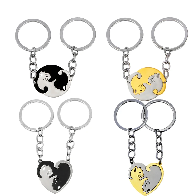2 Pz/Set His Hers Matching Puzzle Yin Yang Cat Coppie Portachiavi Cuore In Acciaio Inossidabile Portachiavi Coppia Bff Gioielli