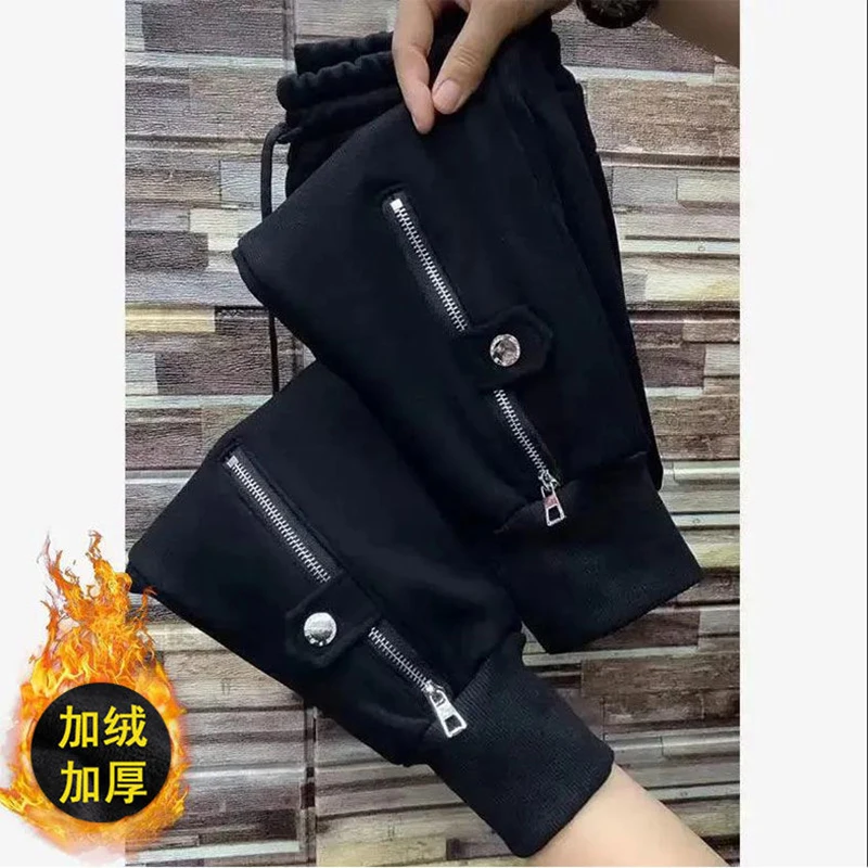 Autumn Winter Plus Velvet Sweatpantss Women Drawstring High Waist Zipper Harem Pants Plus Size Stretch Casual Jogger Trousers