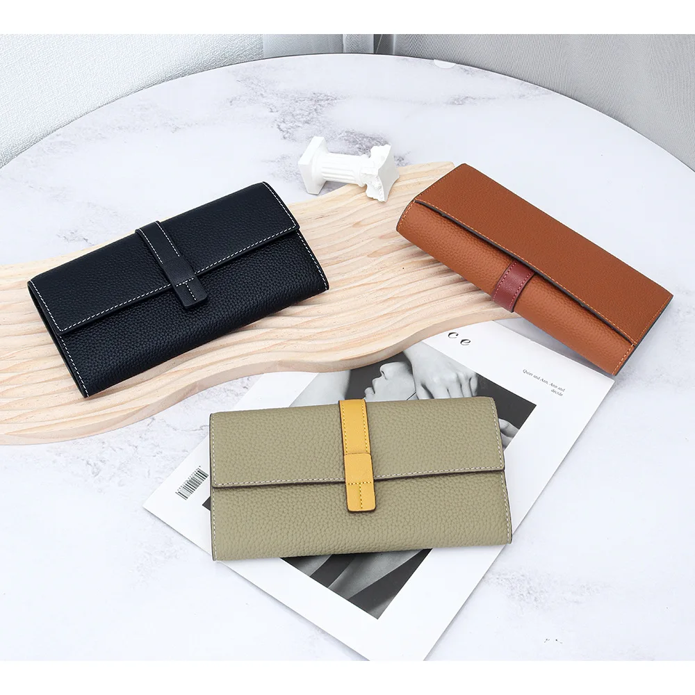 Snap Clutch Wallet for Women Money Holder and Card Organizer with Zippered Pouch Lady Full Grain Leather Colorblock Long Wallet