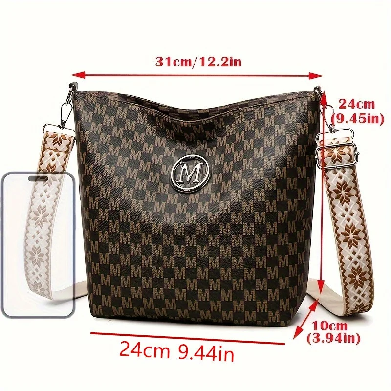 Vintage Women's Crossbody Bag, Faux Leather Shoulder Bag with Golden Hardware, Pattern "M" Design, Removable Strap for Daily Use