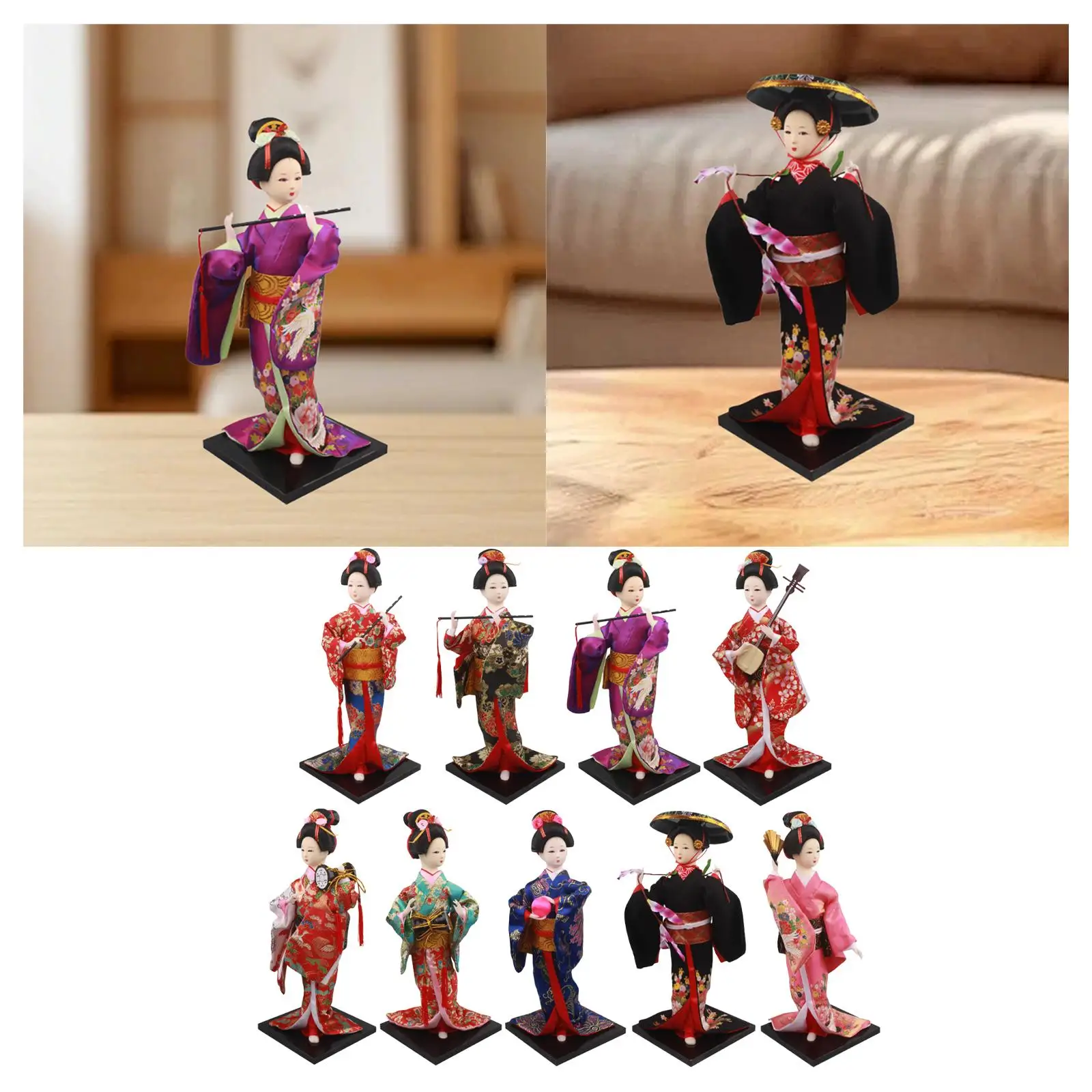 Ethnic Japanese Geisha Girl Statue Miniature Figurine Free Standing Kimono Doll Asian Geisha Doll for Home Office Decoration