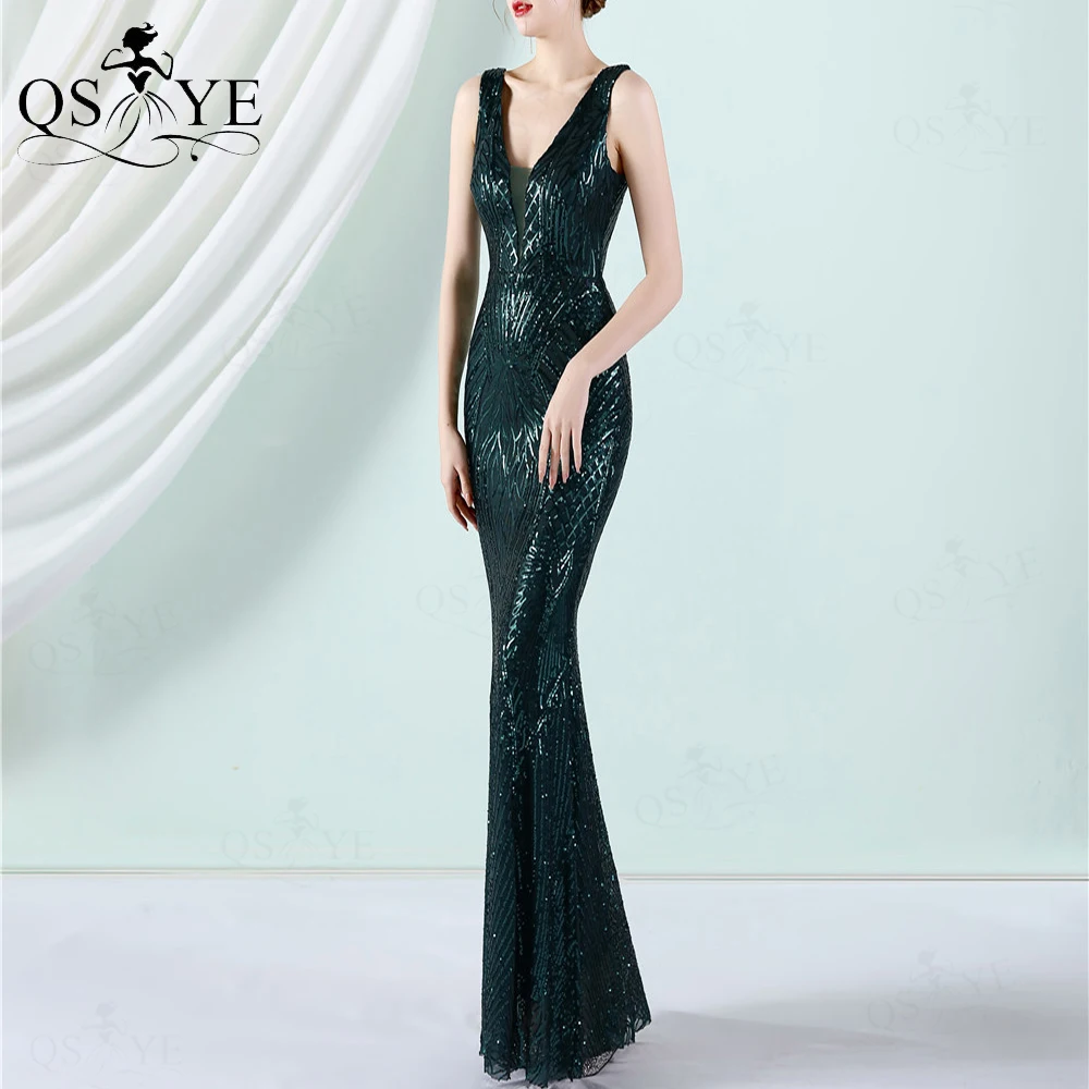 black formal gown Pattern Lace Black Evening Dresses Mermaid Sequin Prom Gown V neck Sleeveless Party Gown Open Low Back Fitted Black Formal Dress black evening dresses