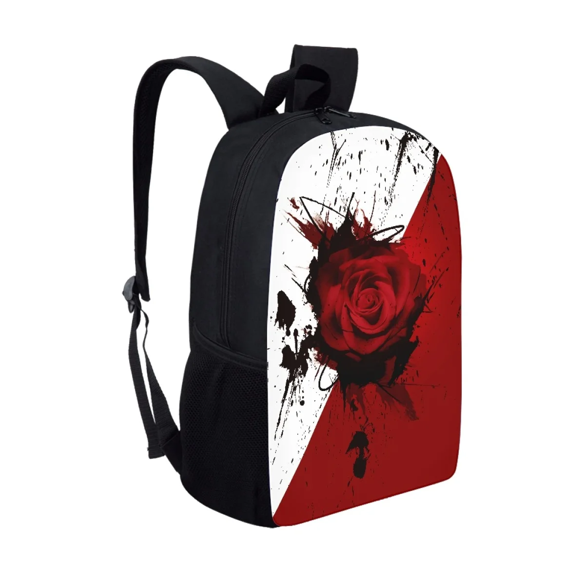 Gradient Color Splash Ink Red Rose Backpack Mulit Side Pocket Adjustable Schoolbag Internal Students Polyester Fabric Satchel