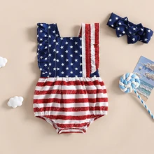 2023-04-08 Lioraitiin 0-18M Infant Baby Girl 4th of July Outfits Sleeveless Backless Ruffle Romper with Headband Set