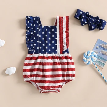 Citgeett Summer Independence Day Infant Baby Girl Outfits Sleeveless Backless Ruffle Bodysuit Headband Clothes Set 1