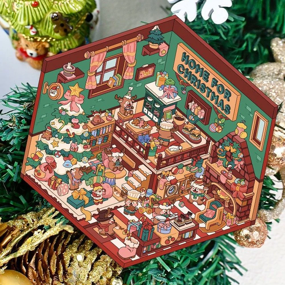 Festive 3D Cartoon Cabin Sticker Kit for Kids - DIY Christmas Scene Arts & Crafts Gift