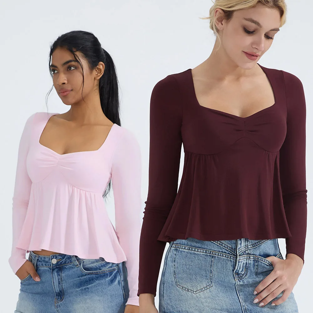 Damen Fairy Y2k Cottage T-Shirt Coquette Quadratischer Ausschnitt Langarm Babydoll Tees Herbst Frühling Vintage Kleidung Lässiger Pullover Top