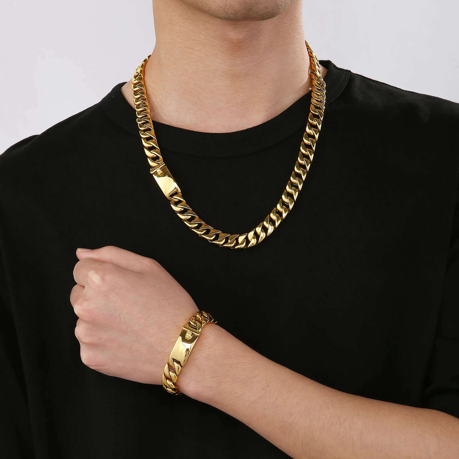 12mm Shiny Cuban Chain Bracelet & Necklace Jewelry Set - Stainless Steel 316L - Silver/Gold Color - KB23389-D