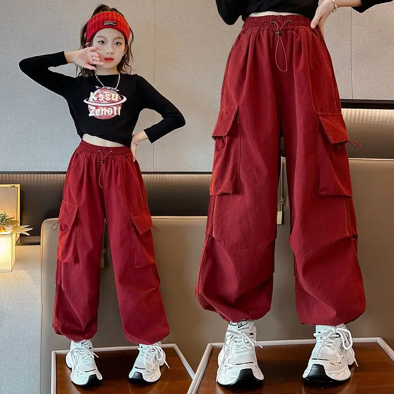 Summer Pants Wide Leg for Kids Girls 7-16 Years Old Casual Ice Silk Cargo Pants  Trousers Elasticated Waist Loose Pants 4 Pocket Cargo Baggy Pants New Pants  Aesthetic Korean Style130-160CM