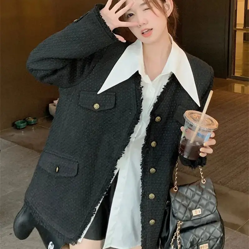 Style Small Fragrant Wind Coat Fat mm2023 Spring New Cover Meat Senior Sense of Temperament Black Tweed Top Solid Color Commute