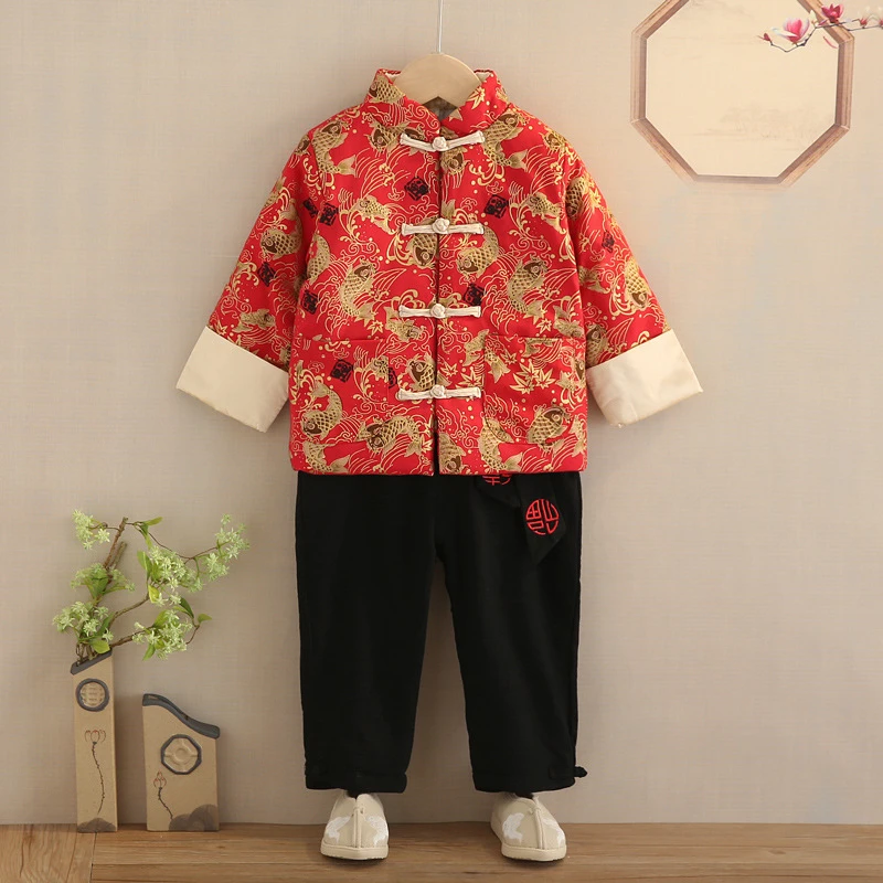 New Year Tang Suit Chinese Traditional Clothing for Kids Baby Hanfu 2Pcs Sets Cotton Long Sleeve Embroidery Winter Boy Girl Gift