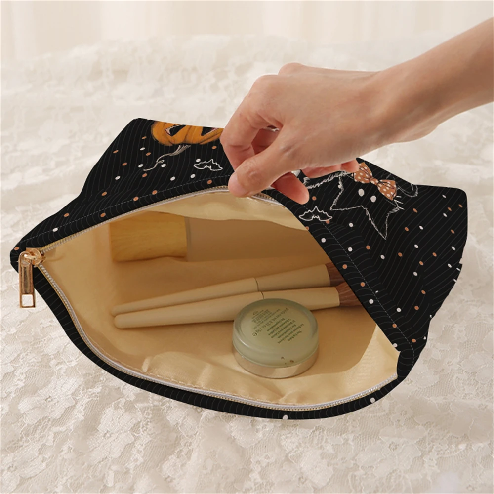 1 pumpkin and ghost patterned corduroy makeup bag, lightweight zipper makeup storage box, multifunctional bag with lining
