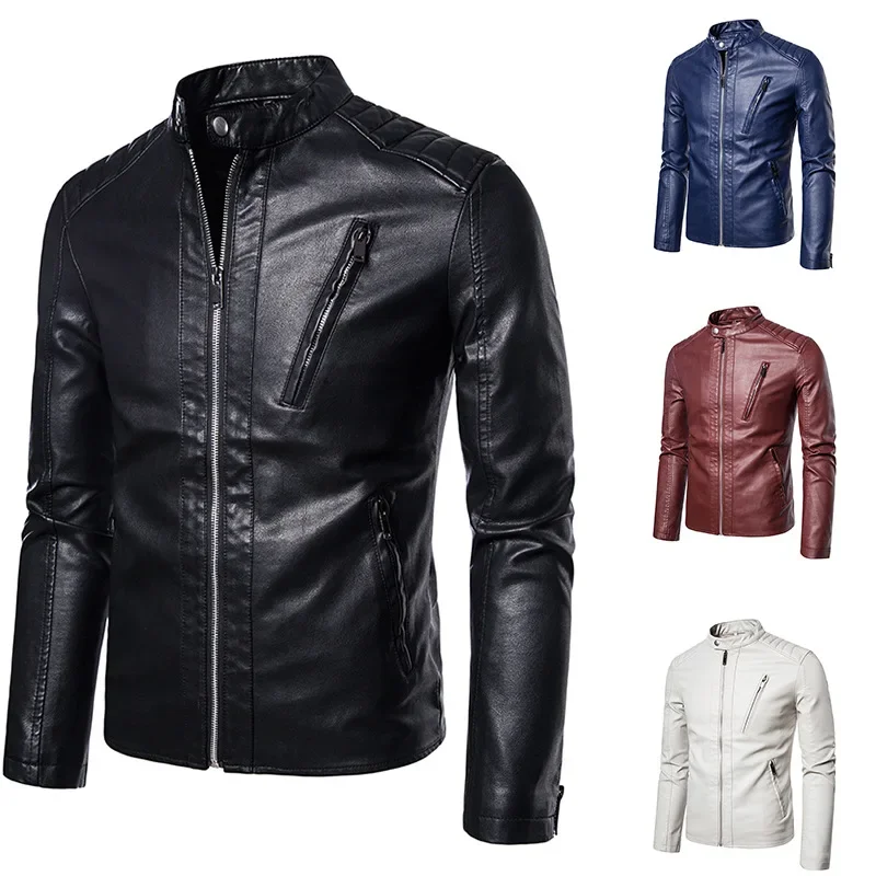 Stand Collar Jackets Fashion Casual Trend White Windproof Coat Streetwear Spring Autumn Men's Motorcycle Leather Jacket Solid 5