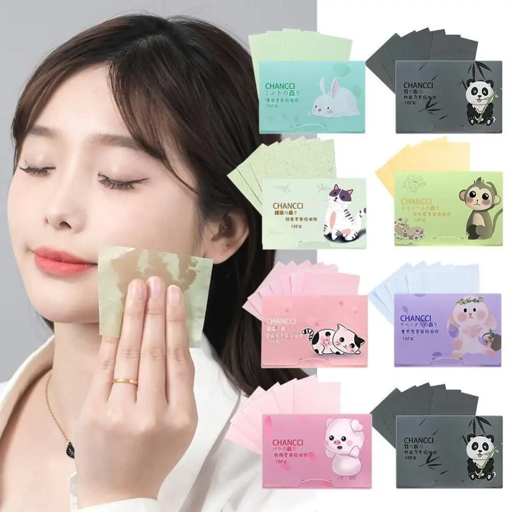 100PCS Fragrance Facial Oil Absorbing Paper Natural Green Tea Bamboo Charcoal Anti-Grease Paper Portable Facial Cleaning