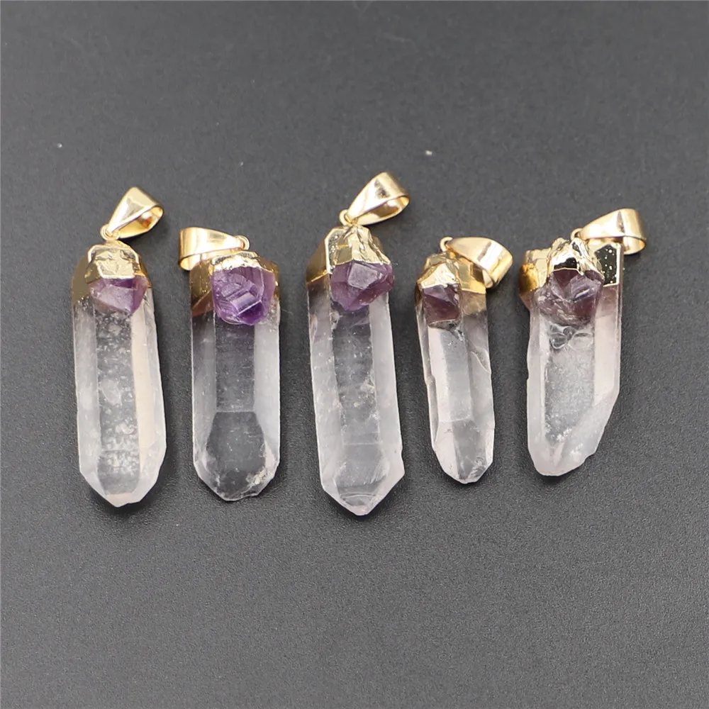 

Wholesale Natural Gems Chakra Stones Clear Crystal Pillar Amethysts Column Reiki Pendants Nickles for Women Jewelry Making 5PCS