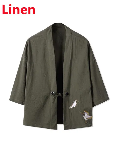 Crane Embroidery Haori Kimono Harajuku Japanese Style Plus Size Men Samurai Costume Yukata Asian Clothes Cardigan Women Jacket green