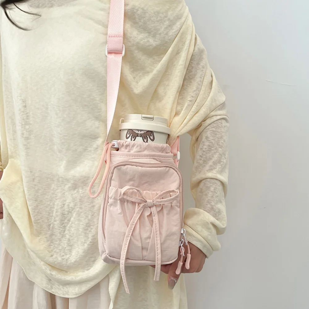 New Bow Phone Bag Nylon Shoulder Bags Women Drawstring Crossbody Bag Versatile Reusable Tote Bags Adjustable Kettle Handbag