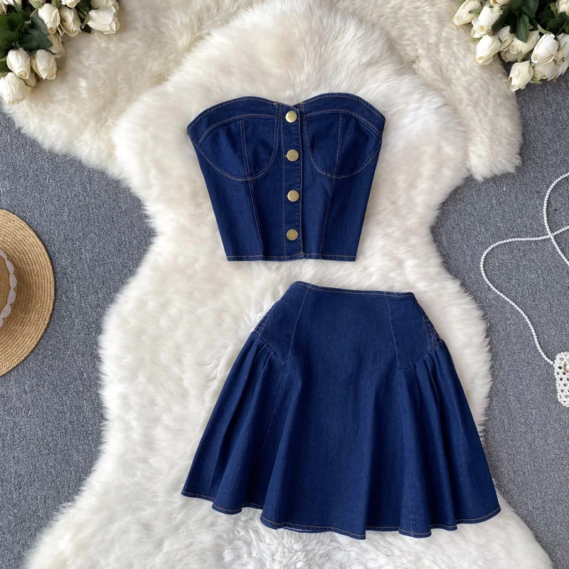 

Sweet Cool Women's Suit Dress Summer Short Denim Bra Tank Top Two Piece High Waist A-Line Skirt