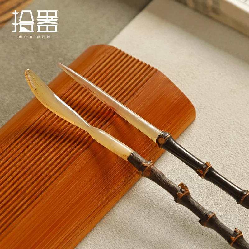 Handmade purple bamboo whip handle ox horn head tea pull tea needle hairpin scoop grilled ceremony six gentleman spa