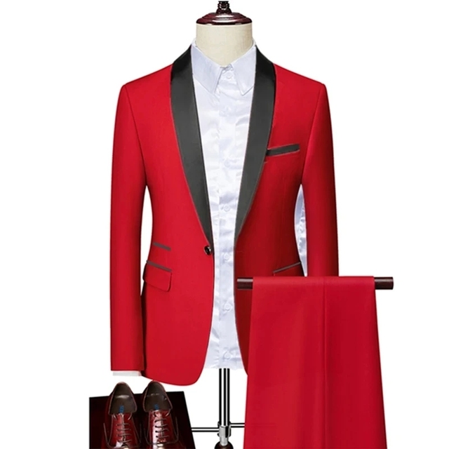 Men Skinny 3 Pieces Set Formal Slim Fit Tuxedo Prom Suit / Male Groom Wedding Blazers High Quality Dress Jacket Coat Pants Vest - 2 Pcs set red, Asian 5XL is US 2XL