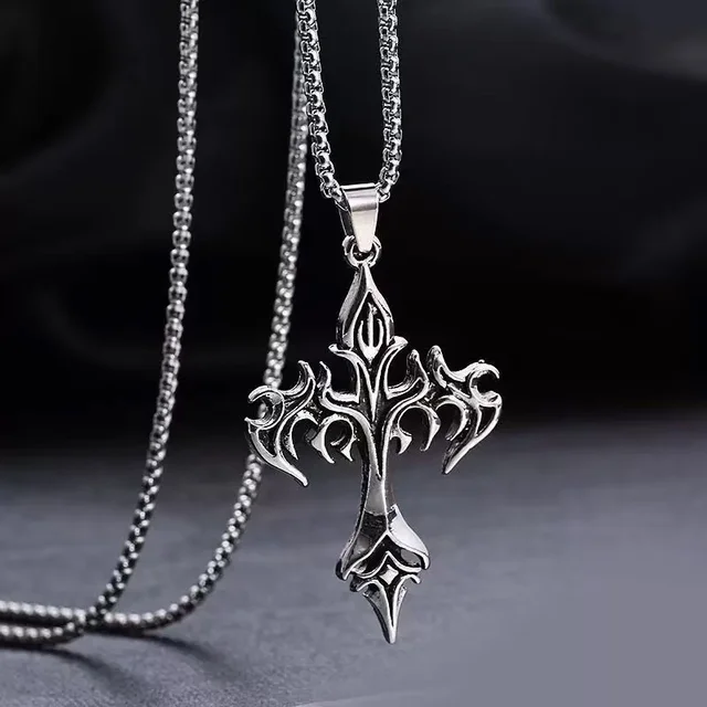 1PCS Fashion Retro Flame Cross Pendant Necklace Men's and Women's Long Chain Punk Gothic Fashion Accessories