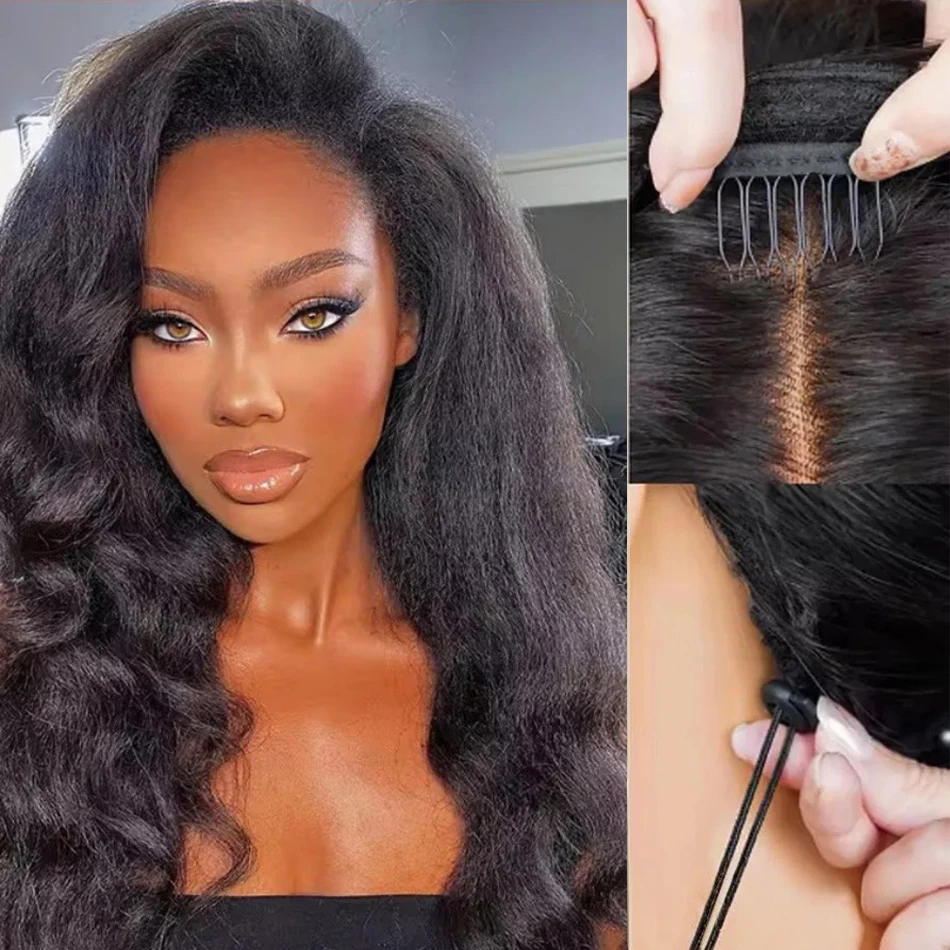 3 IN 1 Kinky Straight Half Wigs Ready to Wear Kinky Straight Half Wigs Human Hair Flip Over Wig Drawstring Glueless 250 Density 3