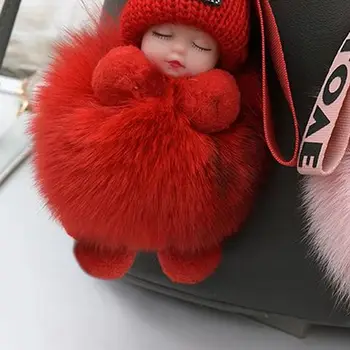 Pompom Sleeping Baby Keychain Cute Fluffy Plush Doll Keyholder Women Girl Bags Keyrings Cars Key Ring Gift Charming Decoration