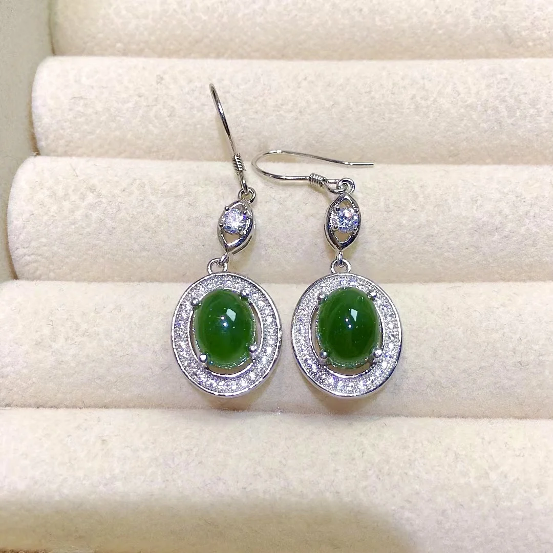 

Chinese Style Green Jade Drop Earrings Prevent Allergy 18K Gold Plating Total 4ct 7mm*9mm Natural Jade 925 Silver Earring