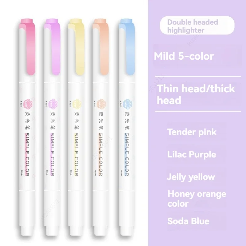 5-Piece Double-Ended Fluorescent Highlighter Pen Set - Vibrant Colors