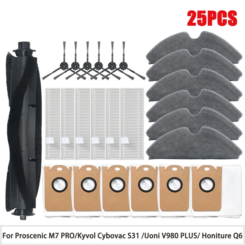 Proscenic M7 PRO/Kyvol Cybovac S31 /Uoni V980 PLUS/ Honiture Q6 메인/사이드 브러시 HEPA 필터 먼지 봉투 부품 액세서리