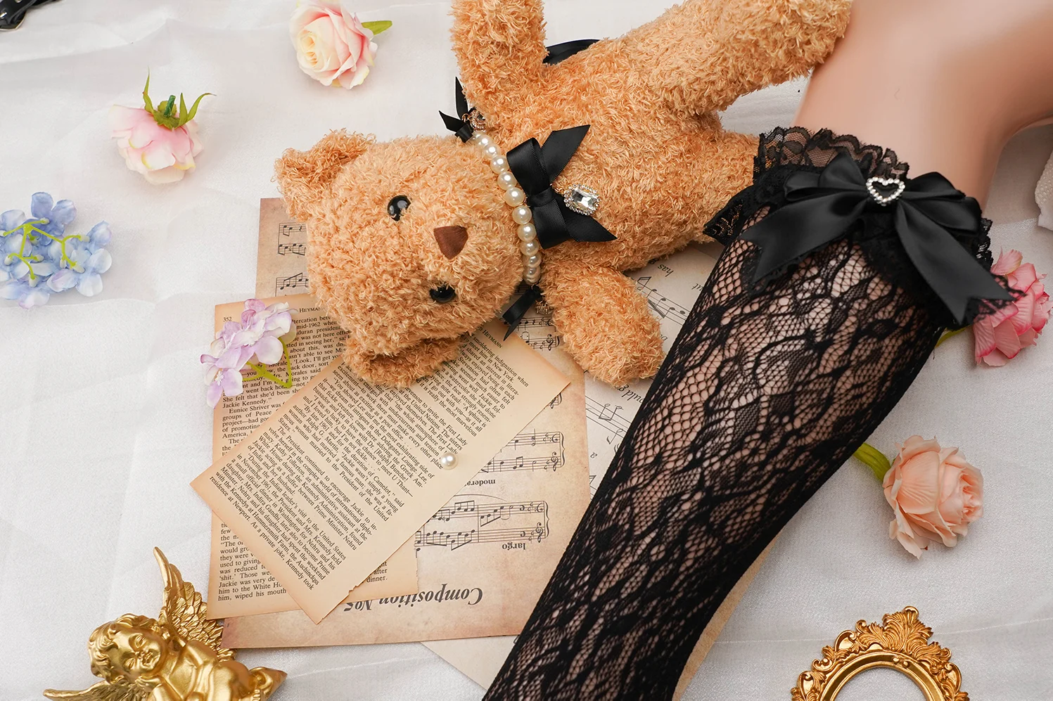 Japanese Sweet Bow Black White Lace Tube Socks Mid-Calf Socks Lolita Sweet Cute Style Lace Thigh High Socks Girl Female