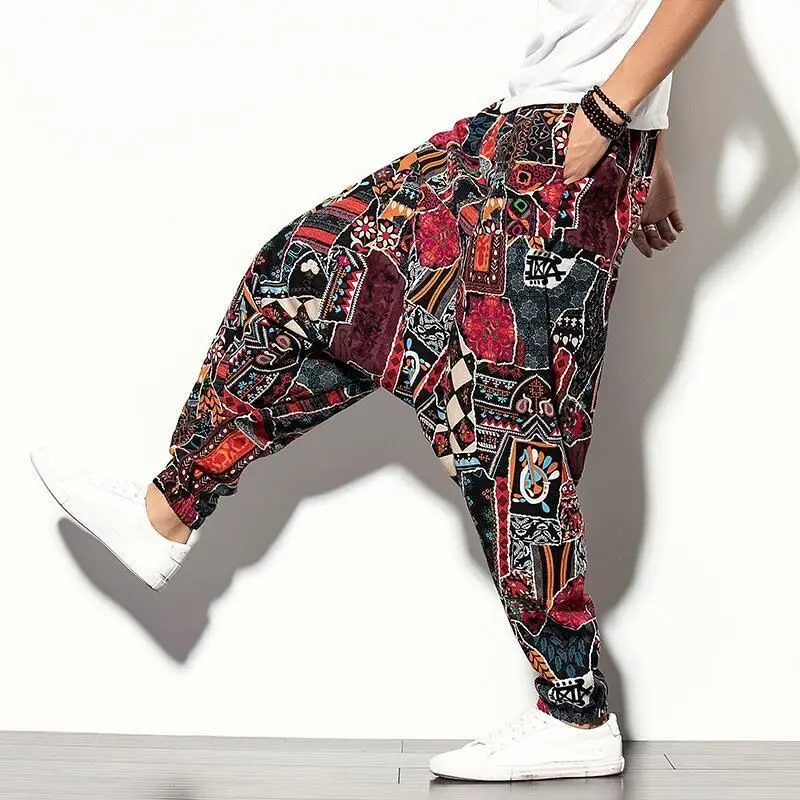 Chinese Styles Linen Cotton Drop Crotch Pants Men Vintage Ethnic Print Streetwear Travel Holiday Club Party Trend Sexy Pantalon