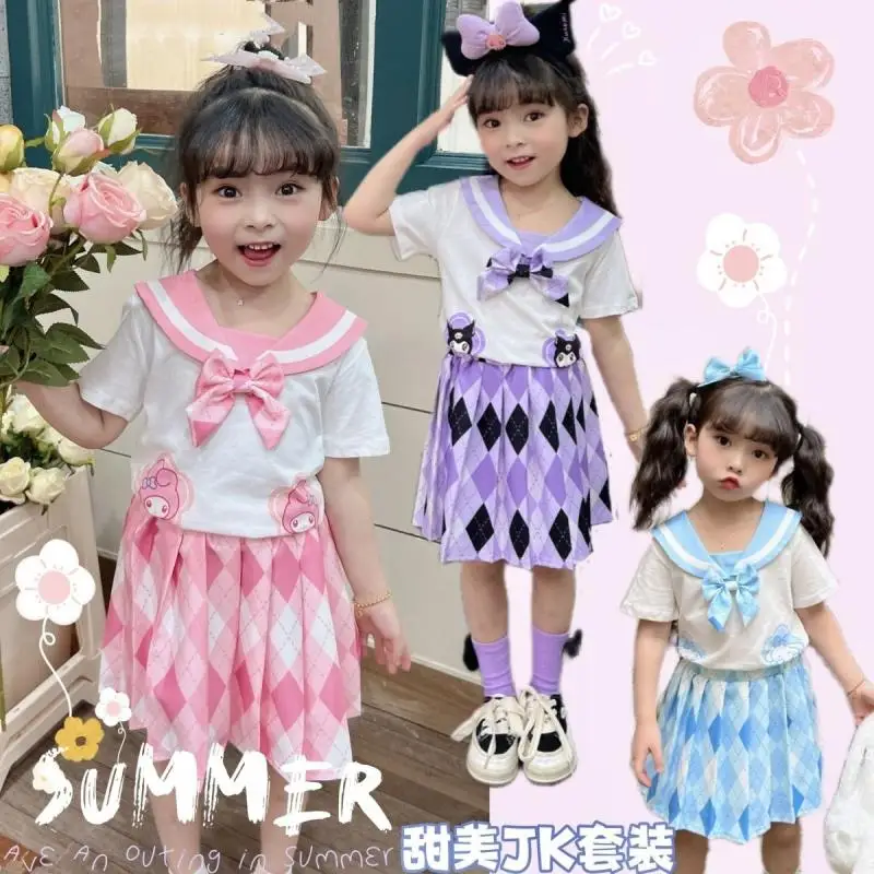 

Anime Sanrios My Melody Kuromi Girls Cotton Short Sleeve Jk Skirt Cinnamoroll Preppy Style Pleated Skirt Cartoon Uniform Summer