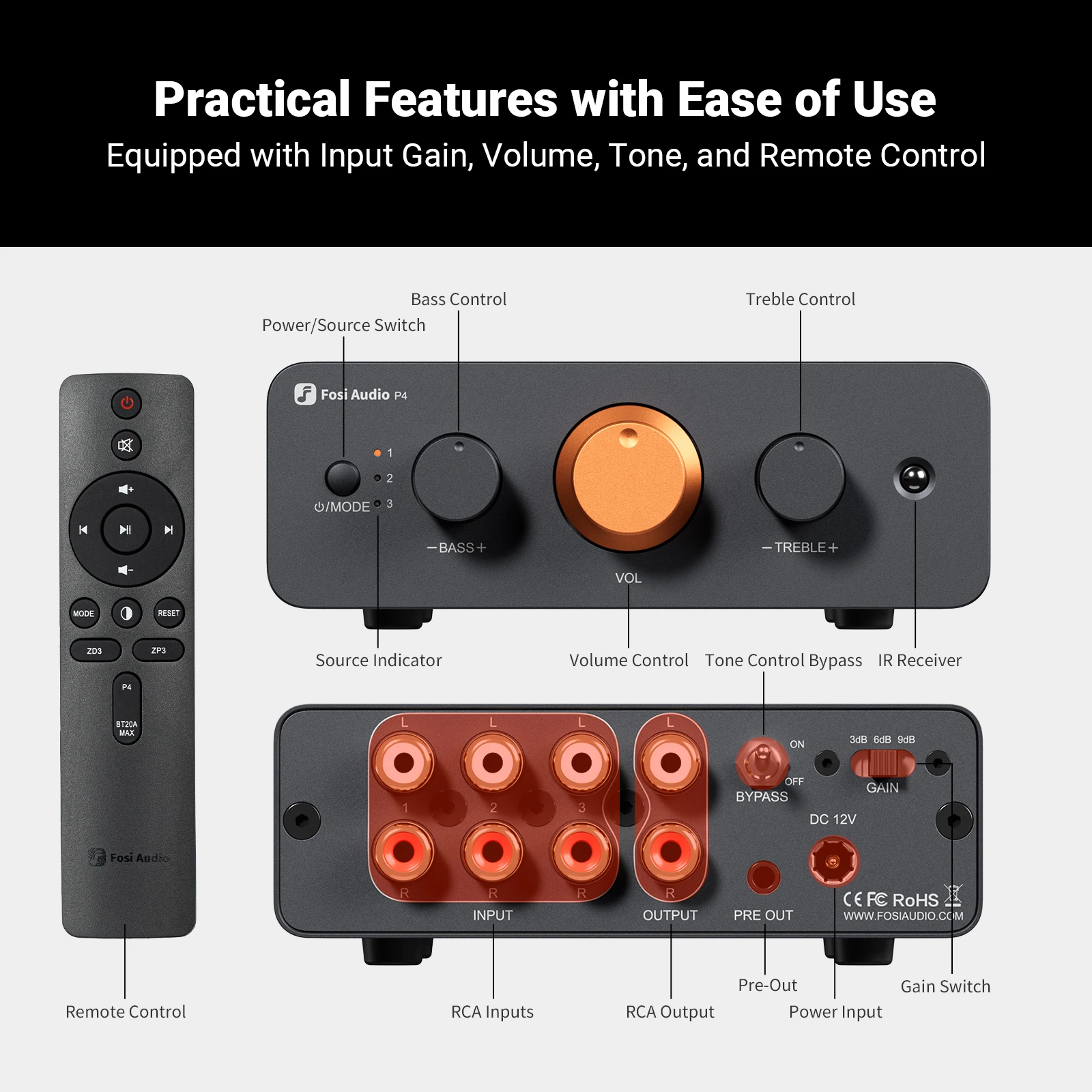 Fosi Audio P4 HiFi Preamplifier: 3 RCA Inputs, EQ/Bypass, Swappable Op-Amps, Treble & Bass Tone Control For Audiophile Systems 3