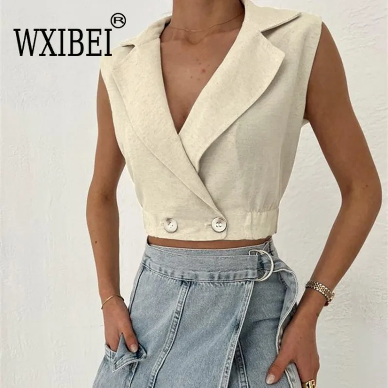 

WXIBEI Rose Pink V-Neck Cotton Linen Blazers Tops Women Office Ladies Double-Breasted Tank Tops Cropped Sleeveless Blouses FC976