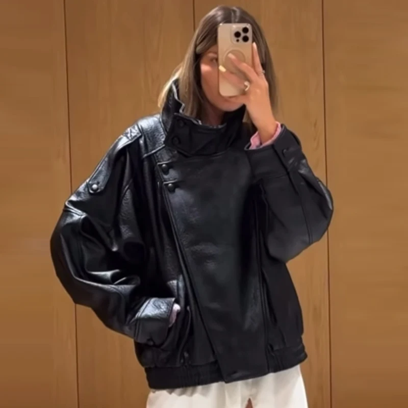 HXAO Faux Leather Black Jackets For Woman