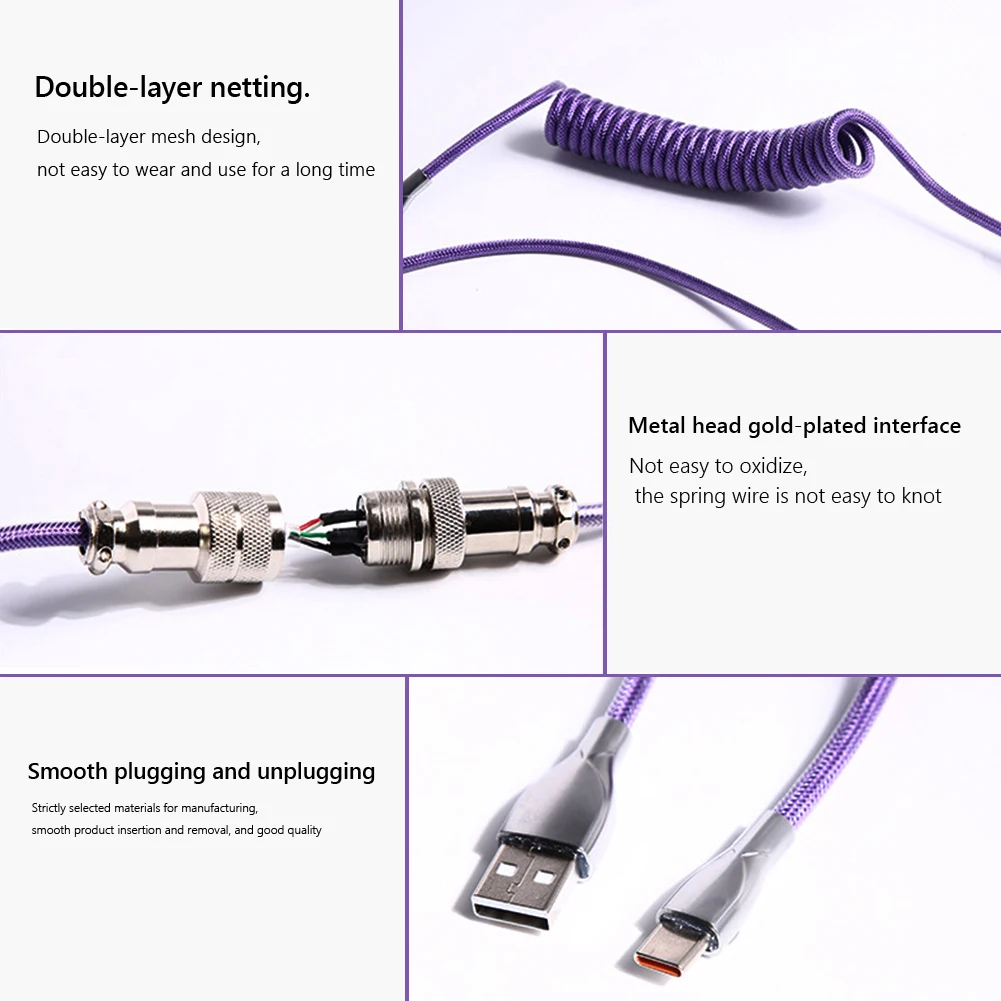 Cabo de Teclado Enrolado para Jogos Mecânicos Fio Duplo-sleeved Conector Destacável do Aviador do Metal Usb tipo c - Imagem 6