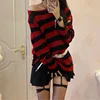 New Punk Gothic Long Unisex Sweater Summer Women Striped Cool Hollow Out Hole Broken Jumper Loose Rock Thin Dark Streetwear Top 1