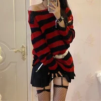 New Punk Gothic Long Unisex Sweater Summer Women Striped Cool Hollow Out Hole Broken Jumper Loose Rock Thin Dark Streetwear Top 1