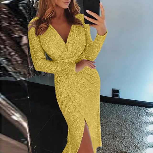 Sexy Deep V Neck Sequins Dress Women Hip Wrap Ruched Long Sleeve Formal Dresses Nightclub Sexy Elegant Wedding Evening Gowns 2