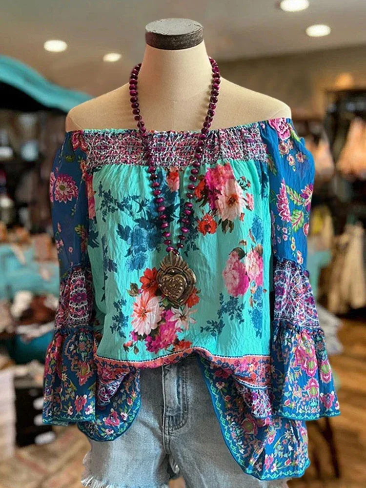 Floral Print Panel Blouse Pleated Ruffle Top Slash Neck Off Shoulder  Blouse