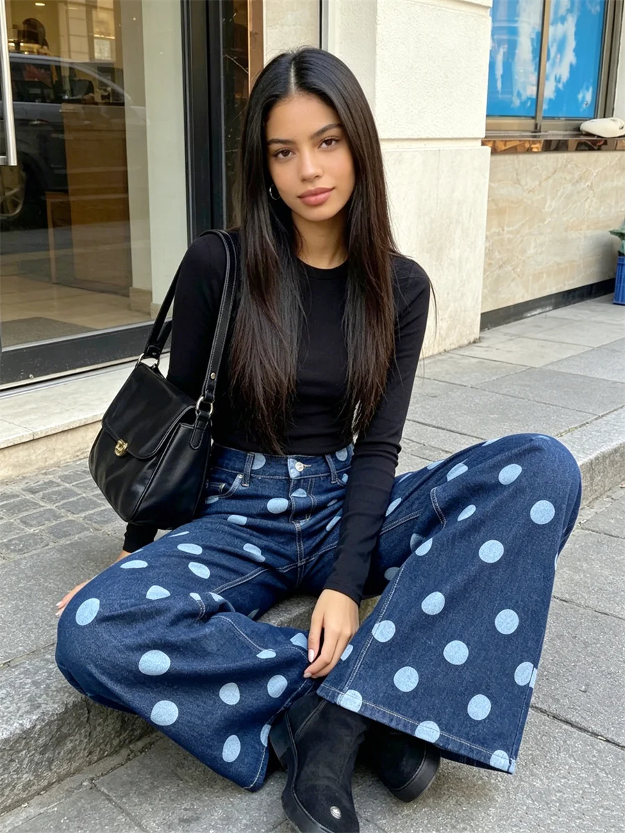 Pantalon en jean ample pour femme, taille basse, imprimé à pois, coupe décontractée, style urbain, pour le quotidien