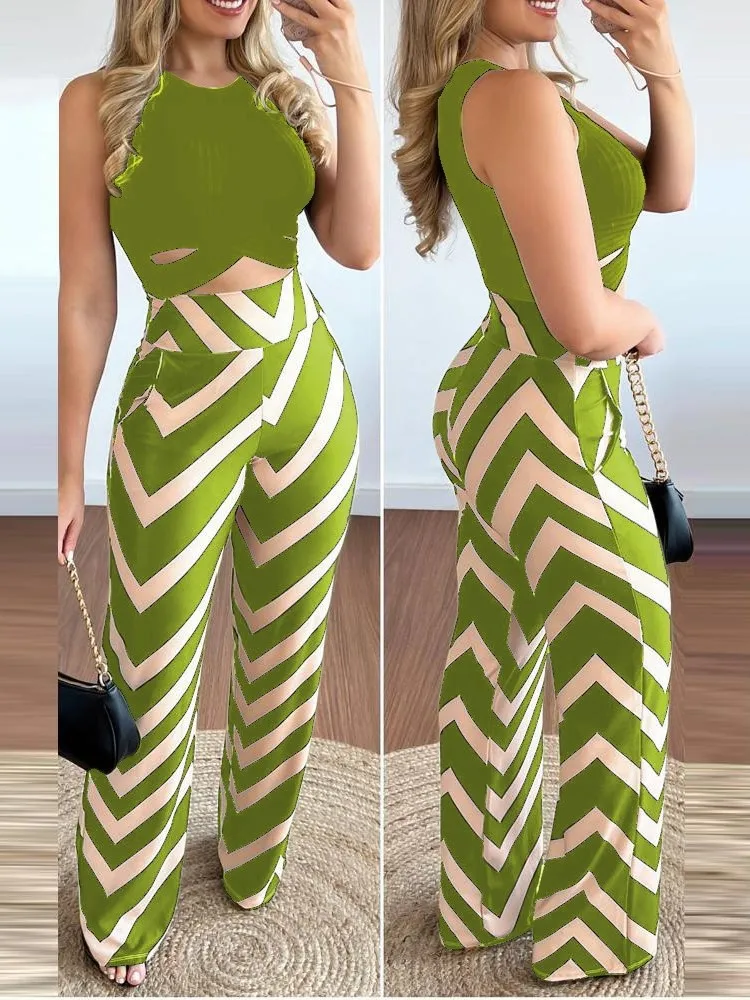 23SS☆【WOOALONG】☆Signature sleeveless set-up wide pant.s 5 COLORS* Round Neck Sleeveless Top and Wide Leg Pants Set