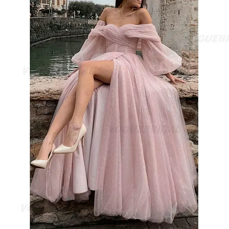 

Koendye Prom Dress Off The Shoulder Sleeveless Sweep Train Tulle Dubai Evening Gowns With Pleated Split فساتين مناسبة رسمية