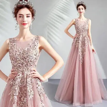 

Bean Paste Prom Dresses Sleeveless Beading Lace Applique Long O-Neck Floor A-Line Pink Formal Party Guests Evening Gowns Elegant
