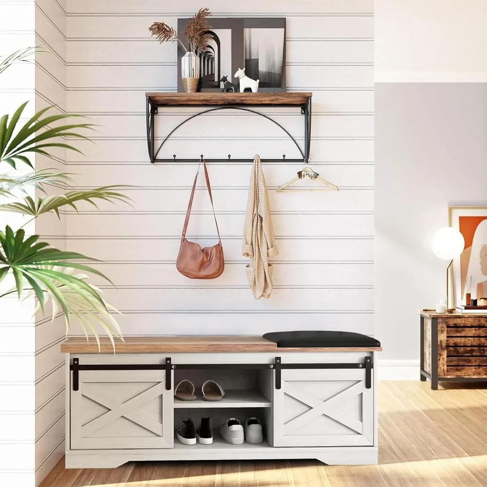 47 Inch Shoe Cabinet, Modern White Shoes Bench with Double Sliding Barn Door & Thickened, Shoe Cabinet 3