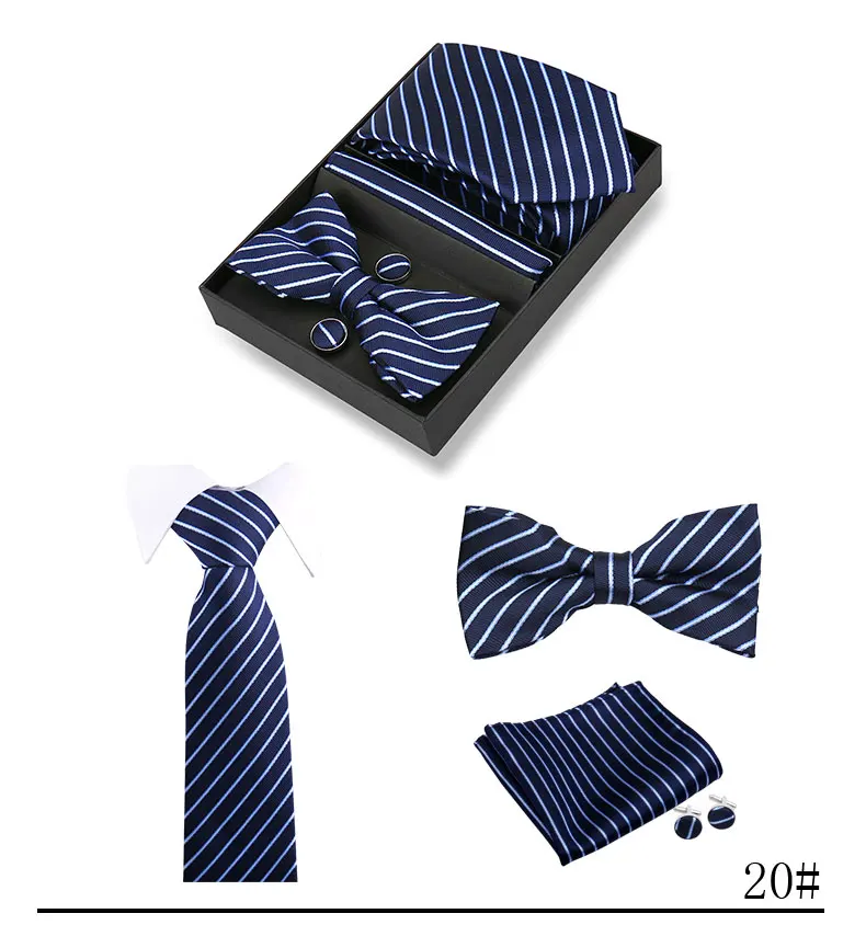 Hochwertige handgefertigte Krawatten, Fliege, Einstecktücher, Manschettenknopf-Set, kariertes gestreiftes Krawatten-Set in Geschenkbox für Männer, passend für die Hochzeit am Arbeitsplatz – Detail 24