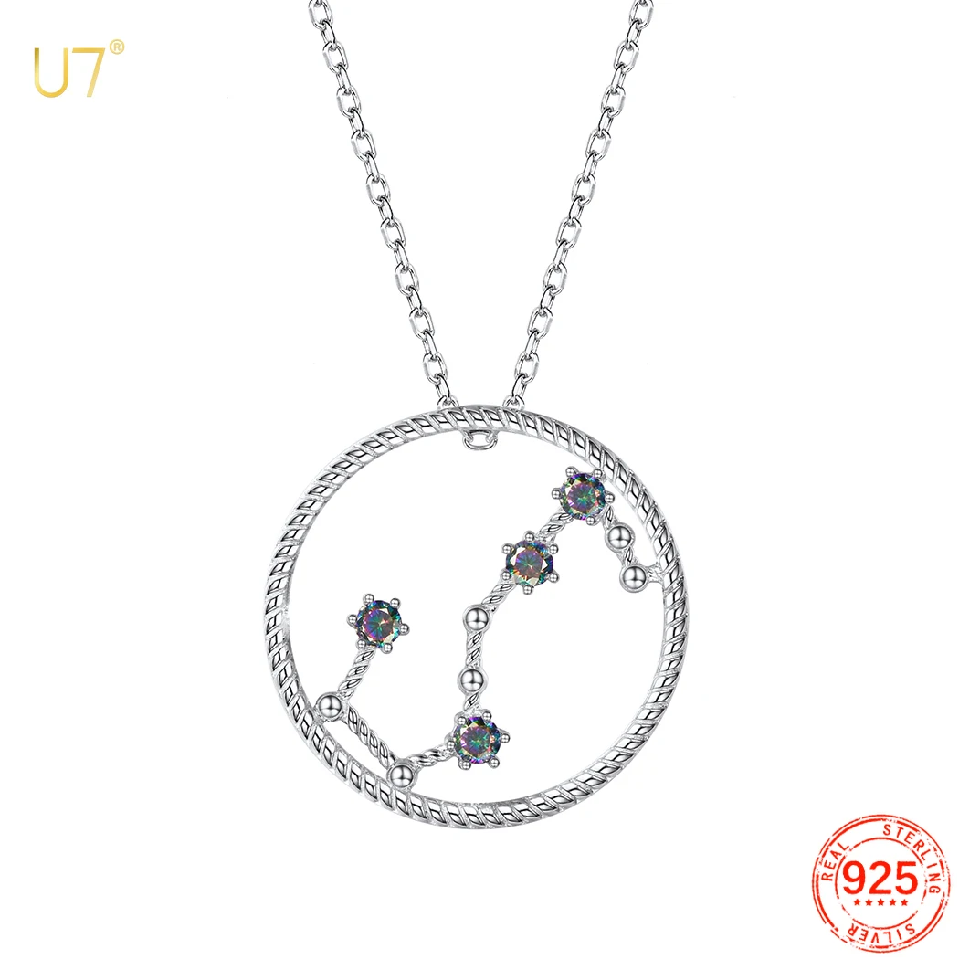 

U7 925 Sterling Silver Zodiac Necklaces for Woman Round Rainbow Topaz Constellation Jewelry Accessories Birthday Gift for Her