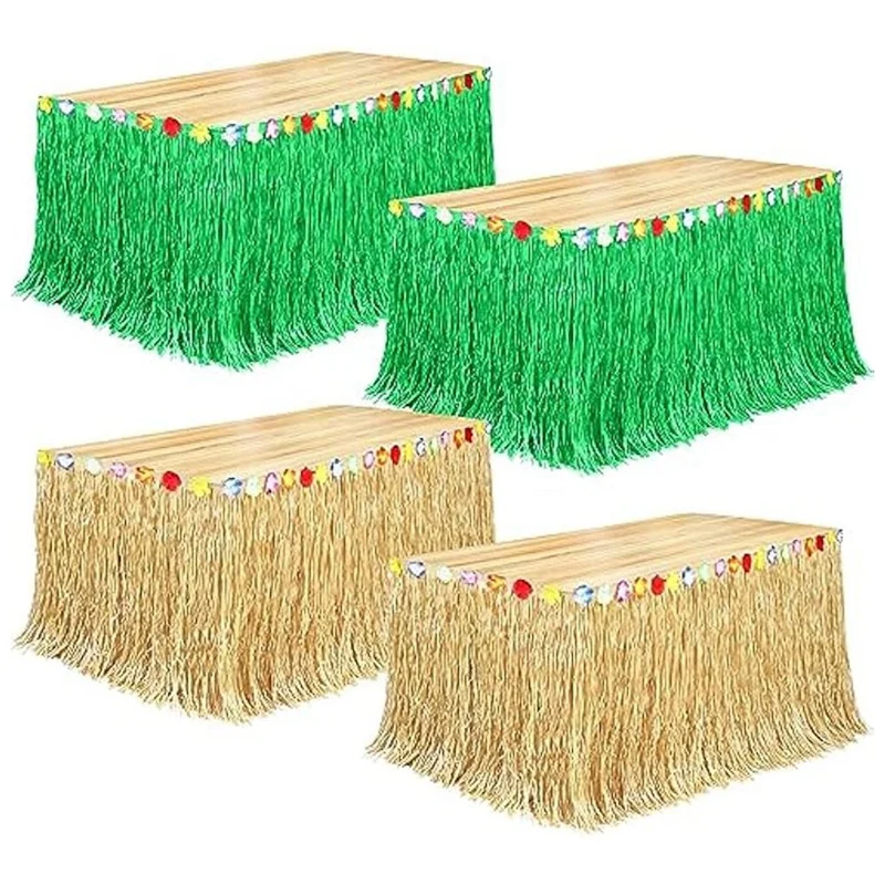 

4Pack Luau Grass Table Skirt 9 Feet X 29.5 Inch Hawaiian Table Skirt Plastic For Tropical Hawaiian Luau Party Decorations